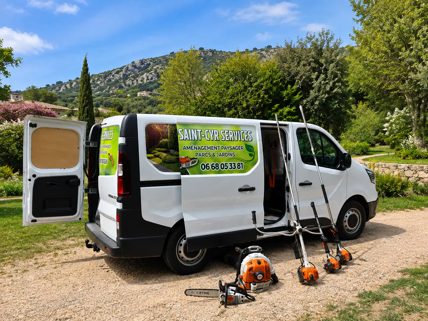 Le fourgon Saint-Cyr Services et son matériel, garés dans un jardin devant les collines