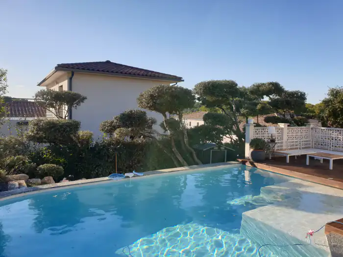 Abords de piscine avec oliviers taillés en nuage et terrasse en bois